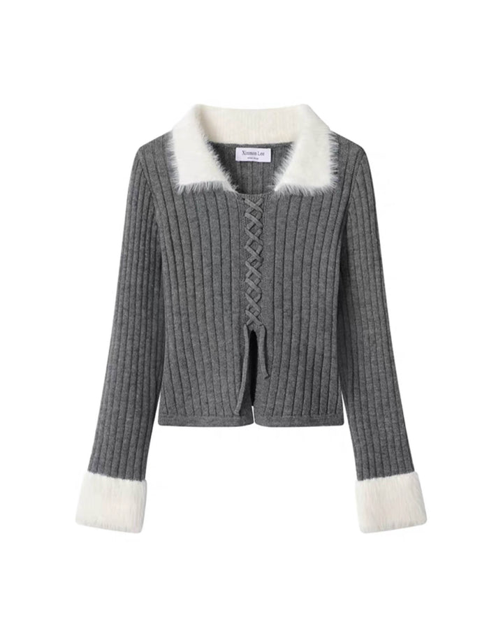 ファーフリルリブレースアップニットトップス Mc608