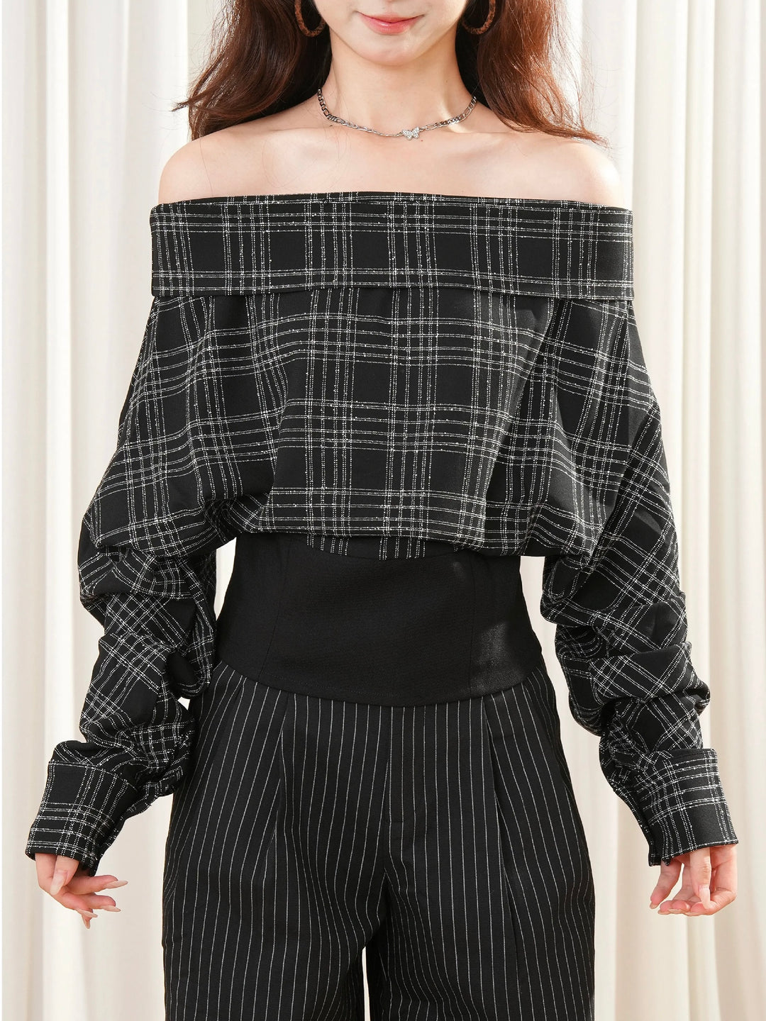 チェックオフショルジッパートップスMc 560