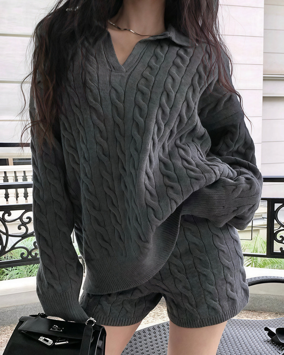 ポロ襟ツイストニット×ショートパンツセットアップ Mc 208