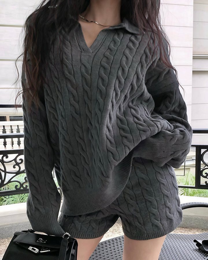 ポロ襟ツイストニット×ショートパンツセットアップ Mc 208