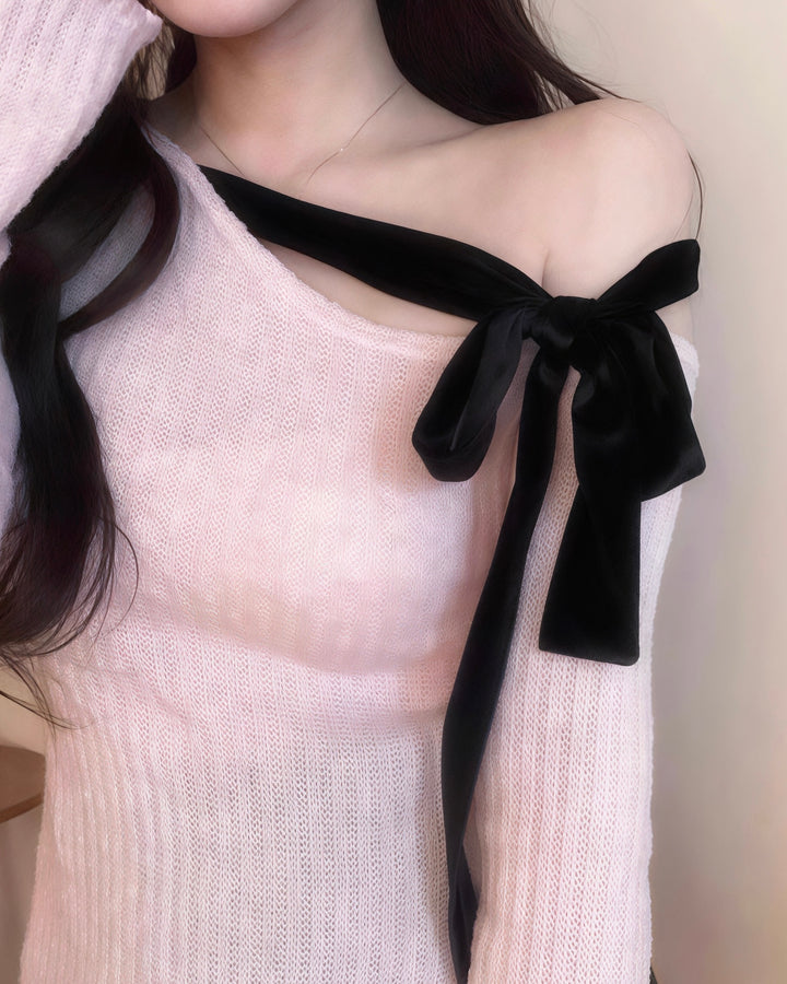 ワンショルリボンアシメニットトップス Mc 705