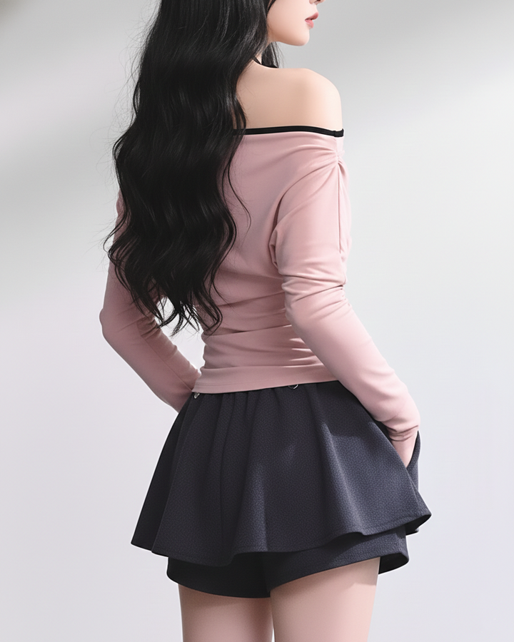 チョーカー風ドレープオフショルトップス Mc 765