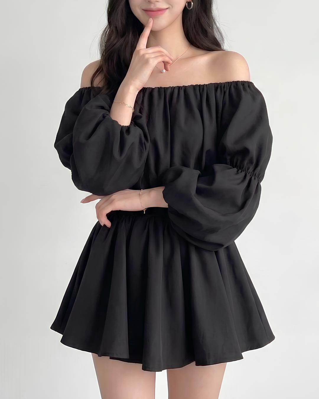 シフォンバルーンオフショルワンピース Mc778