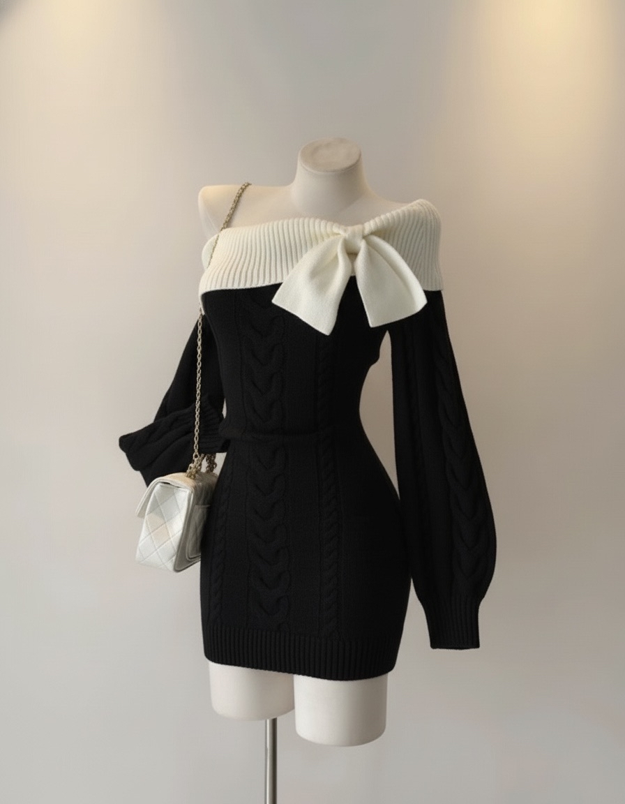 オフショルリボンケーブルニットワンピース Mc 614