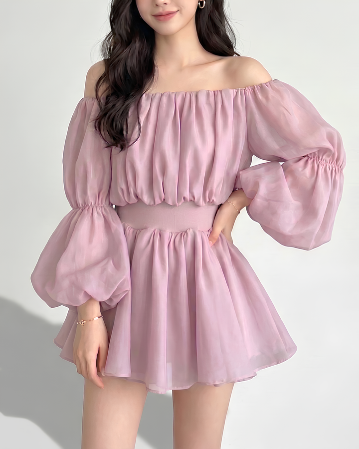 シフォンバルーンオフショルワンピース Mc778