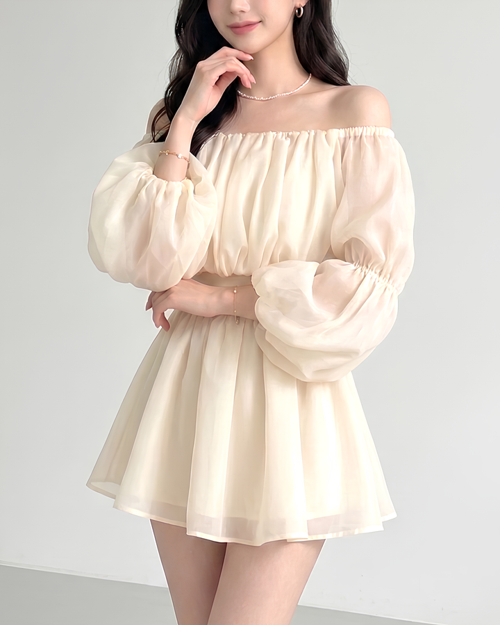 シフォンバルーンオフショルワンピース Mc778