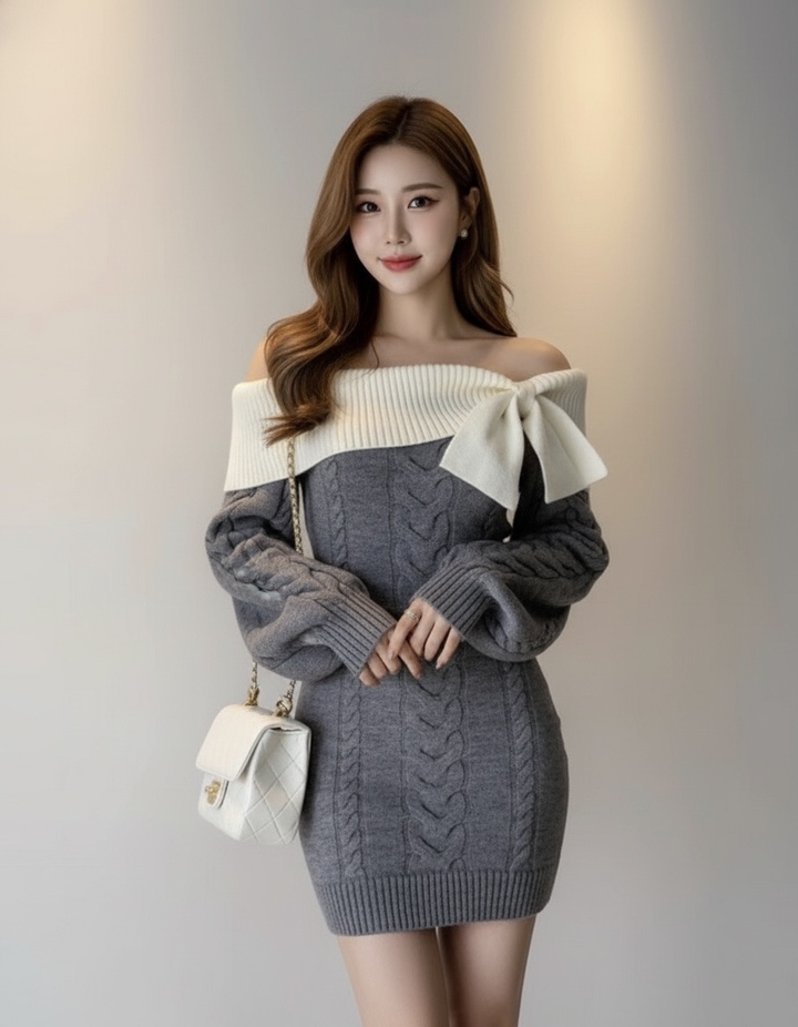 オフショルリボンケーブルニットワンピース Mc 614