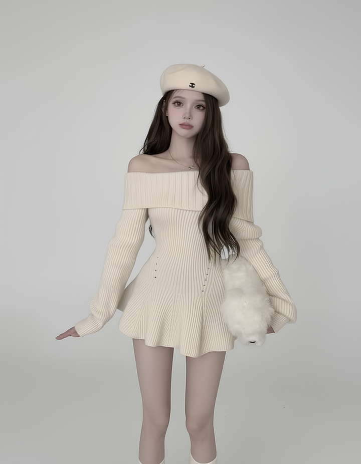 フレアヘムオフショルリブニットワンピース Mc 615