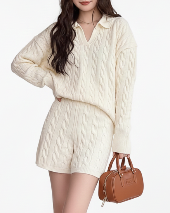 ポロ襟ツイストニット×ショートパンツセットアップ Mc 208