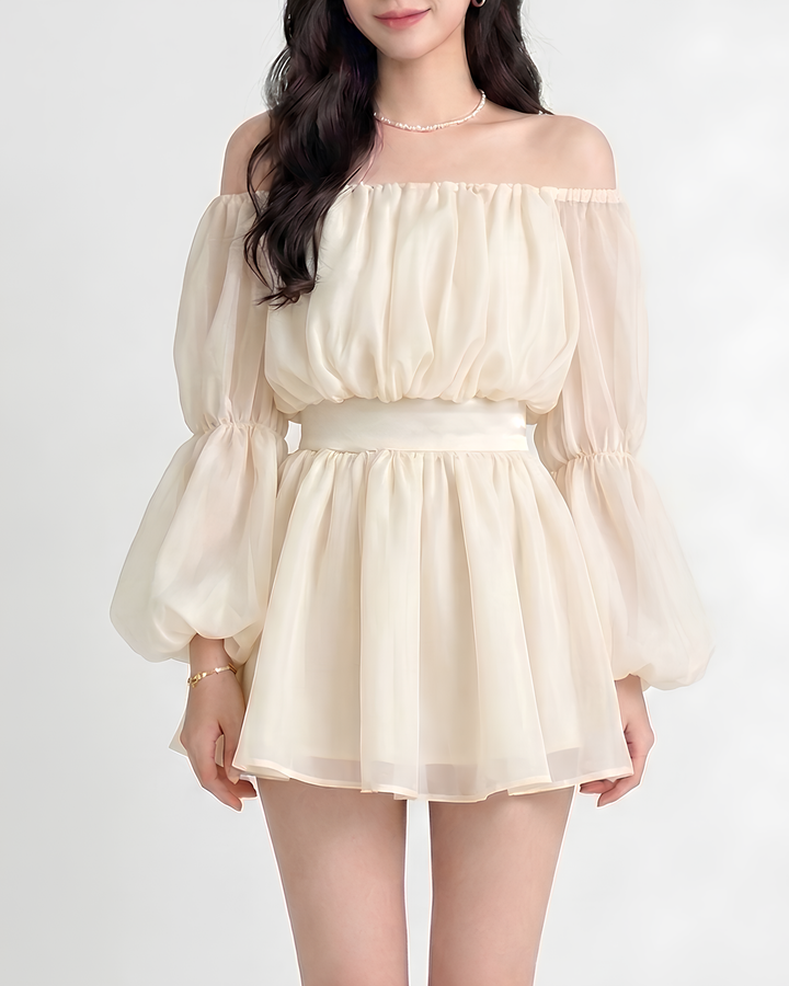 シフォンバルーンオフショルワンピース Mc778