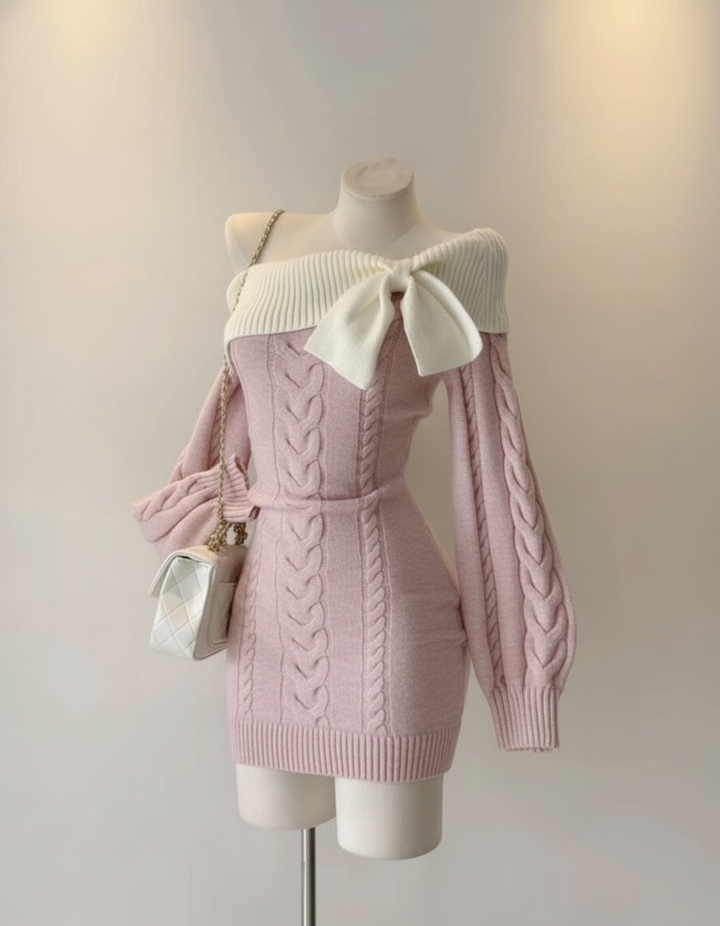 オフショルリボンケーブルニットワンピース Mc 614