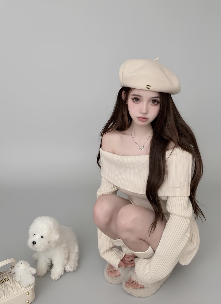 フレアヘムオフショルリブニットワンピース Mc 615