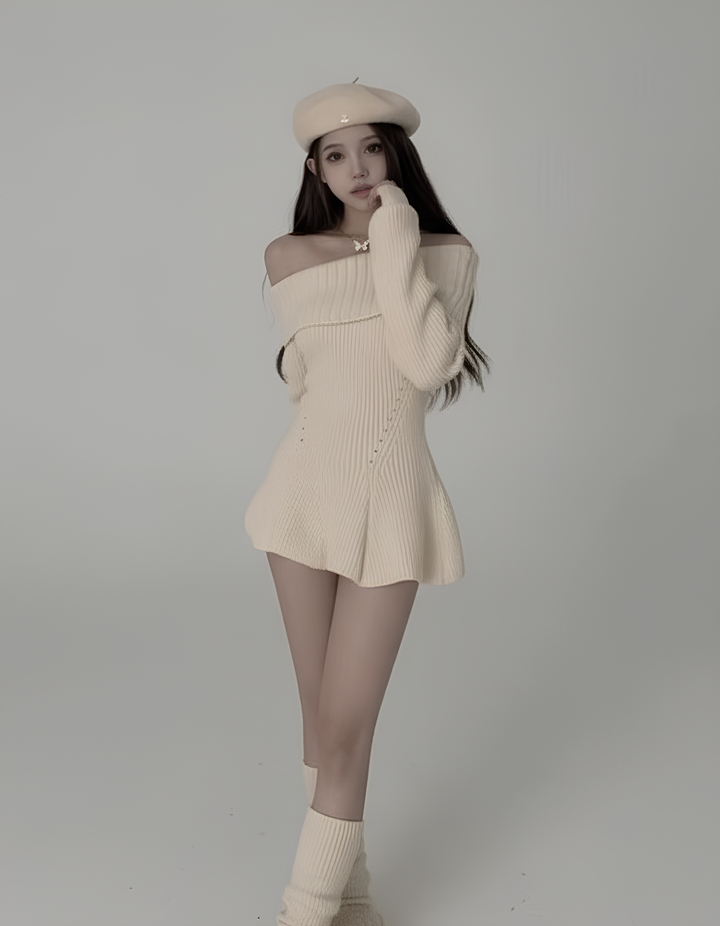 フレアヘムオフショルリブニットワンピース Mc 615