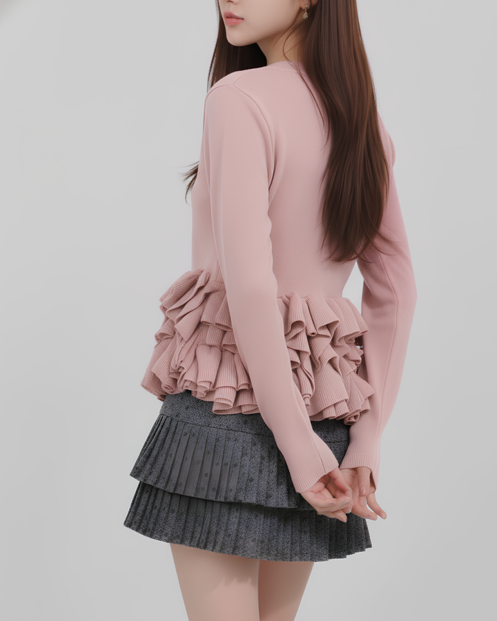 ボリュームフリルペプラムニットトップス Mc745