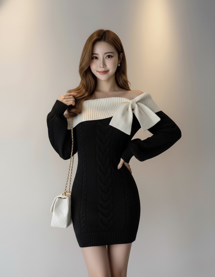 オフショルリボンケーブルニットワンピース Mc 614