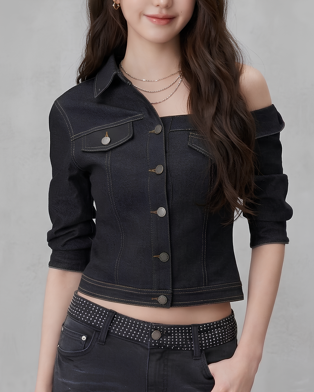 アシメショルダーガーリーデニムジャケット Mc 807