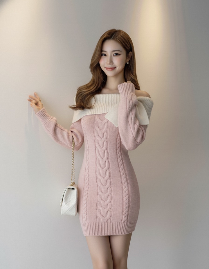 オフショルリボンケーブルニットワンピース Mc 614