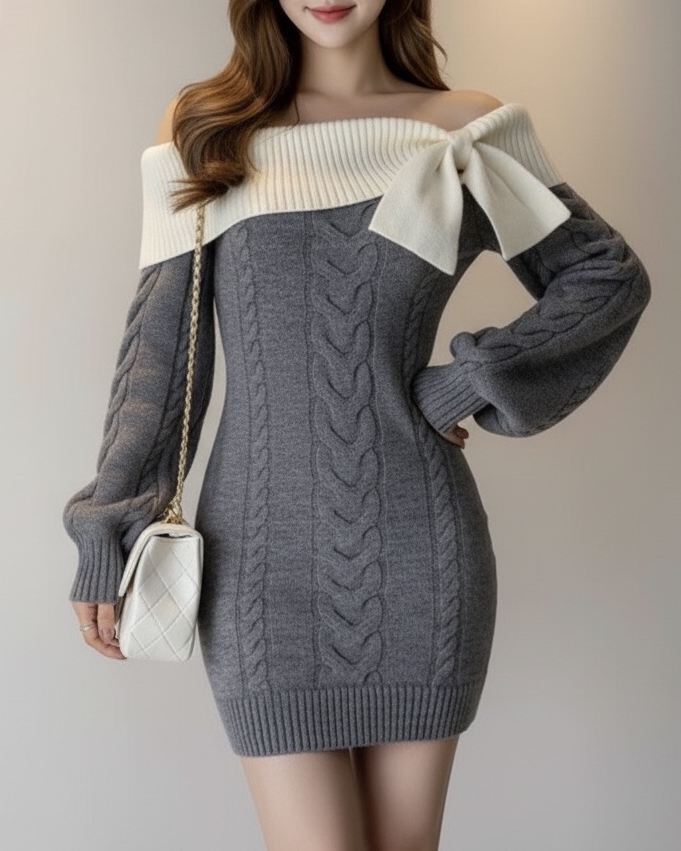 オフショルリボンケーブルニットワンピース Mc 614