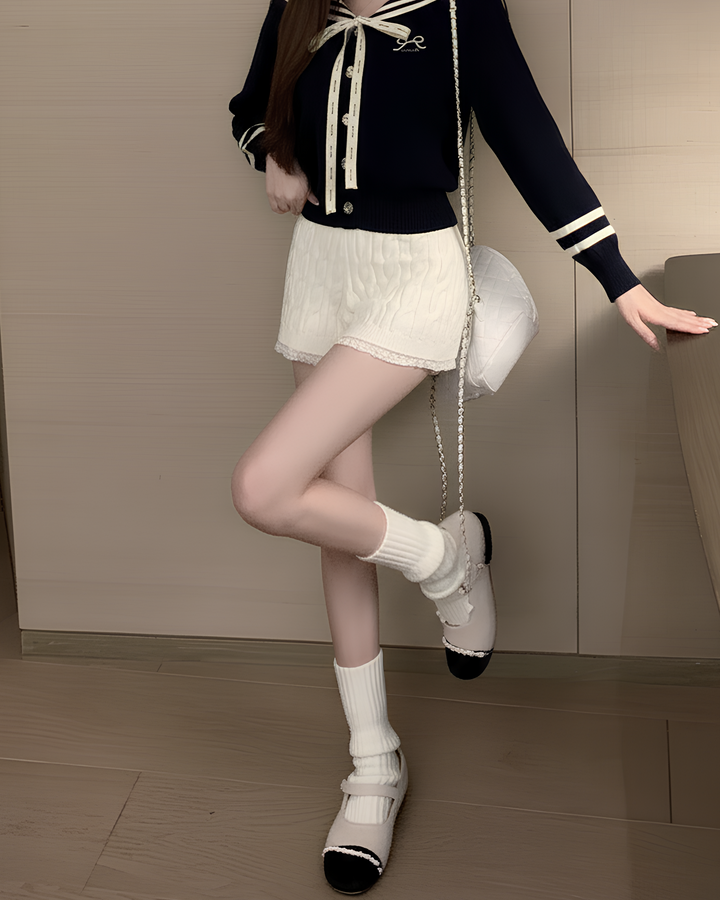 レースヘムふわもこケーブルニットショーツ Mc 624