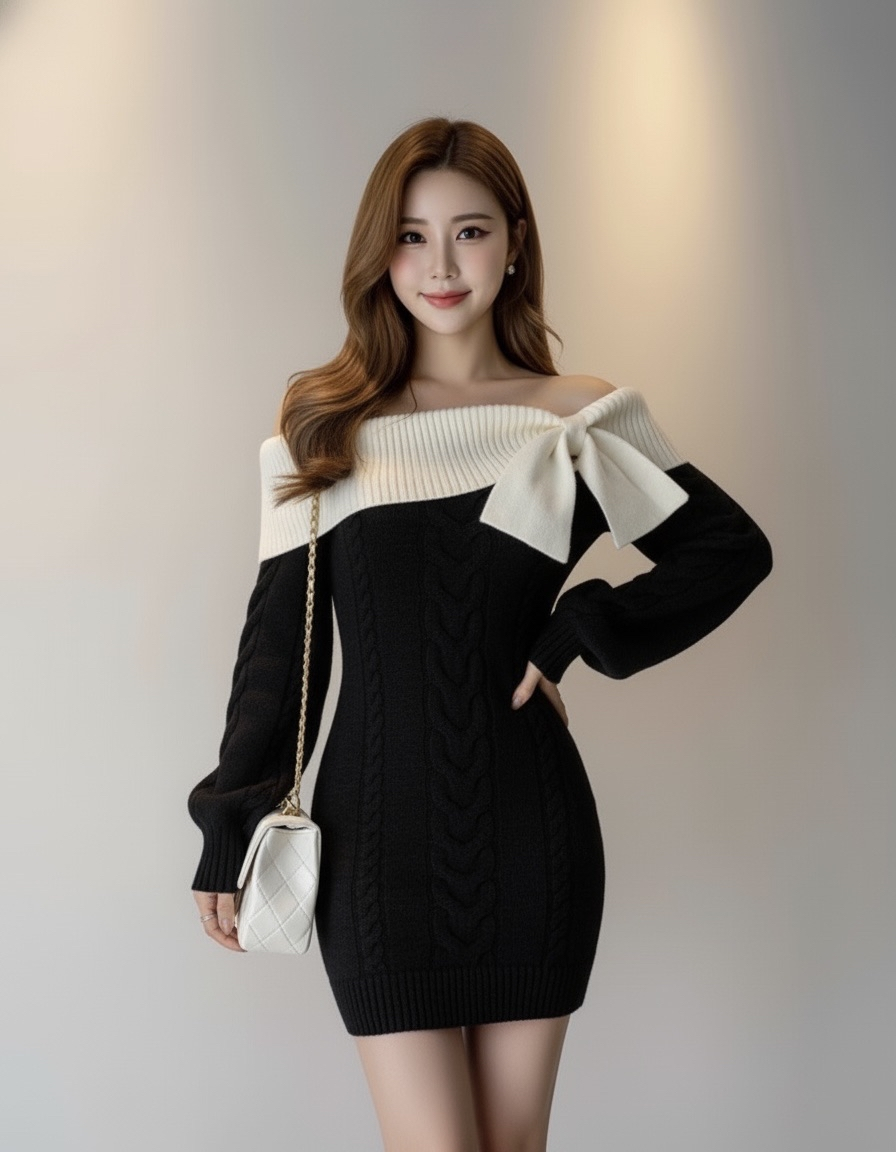 オフショルリボンケーブルニットワンピース Mc 614