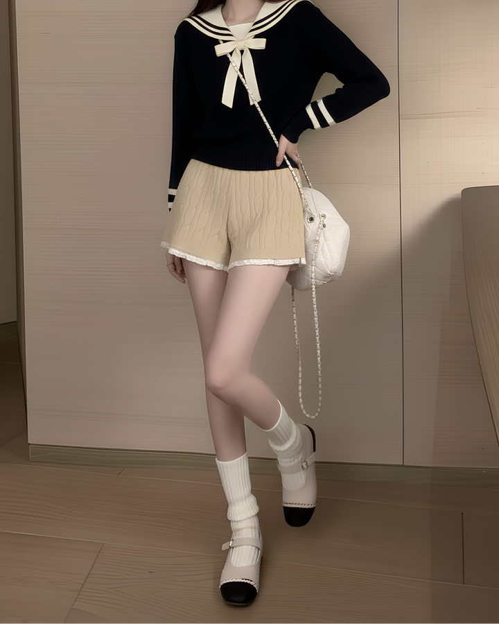 レースヘムふわもこケーブルニットショーツ Mc 624