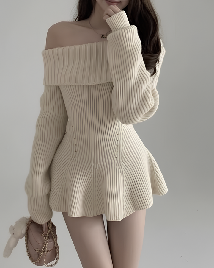 フレアヘムオフショルリブニットワンピース Mc 615