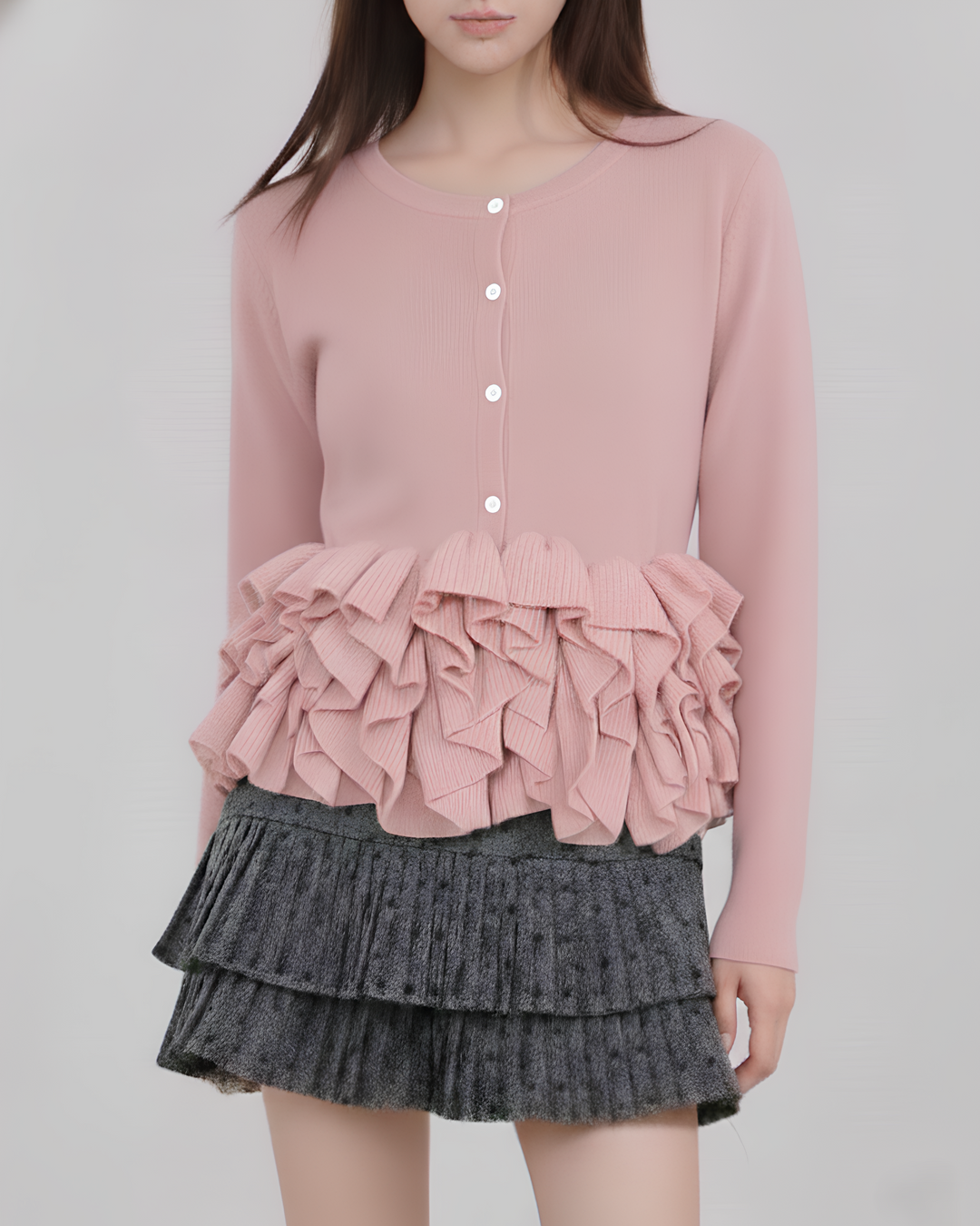 ボリュームフリルペプラムニットトップス Mc745