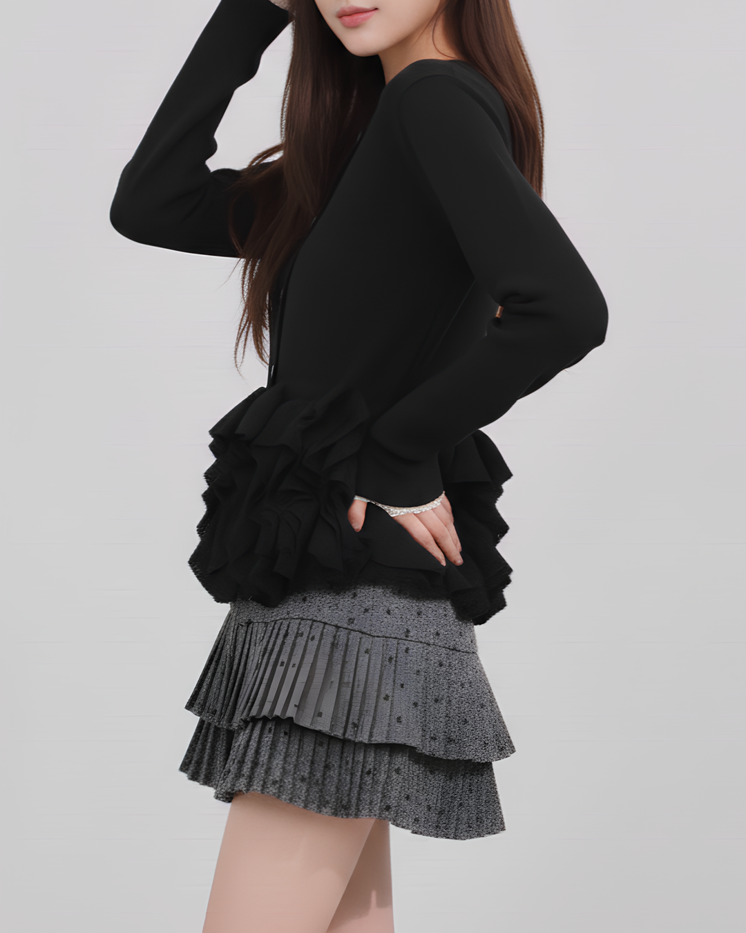 ボリュームフリルペプラムニットトップス Mc745