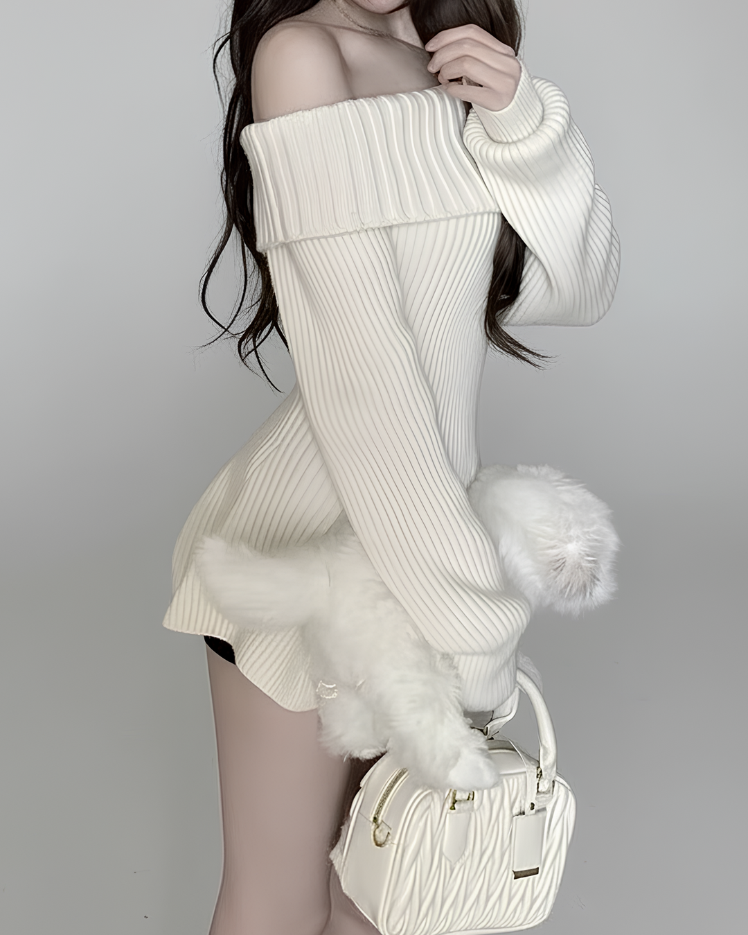 フレアヘムオフショルリブニットワンピース Mc 615