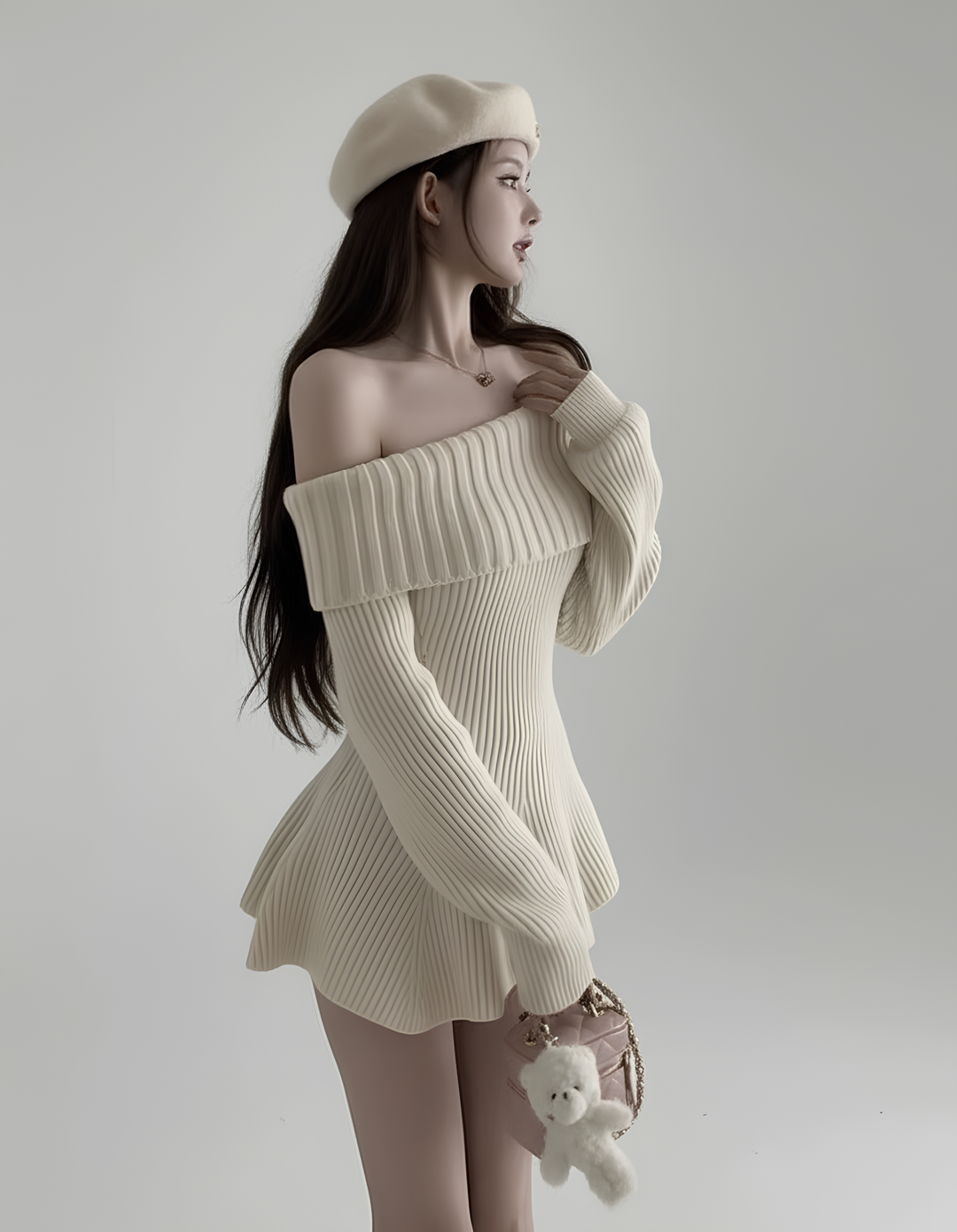 フレアヘムオフショルリブニットワンピース Mc 615