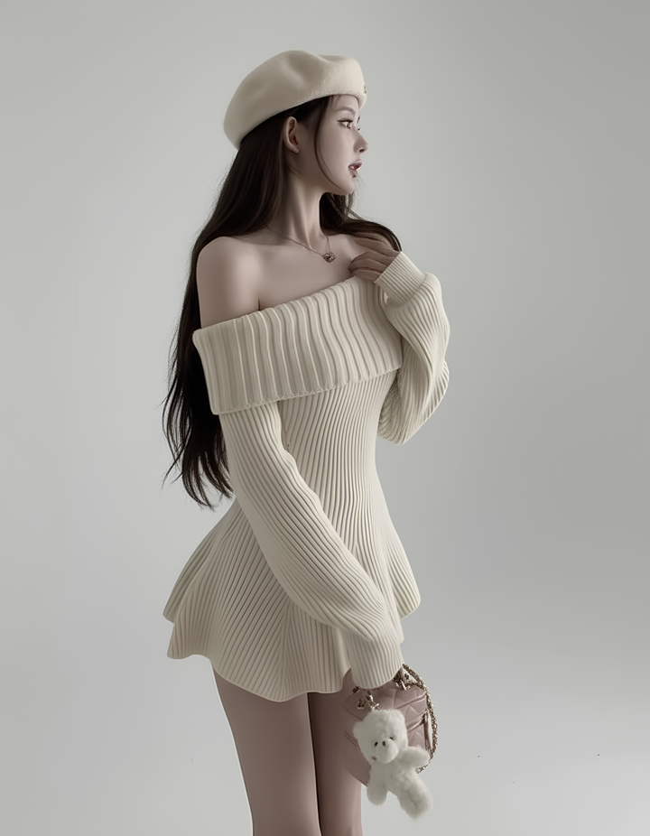 フレアヘムオフショルリブニットワンピース Mc 615