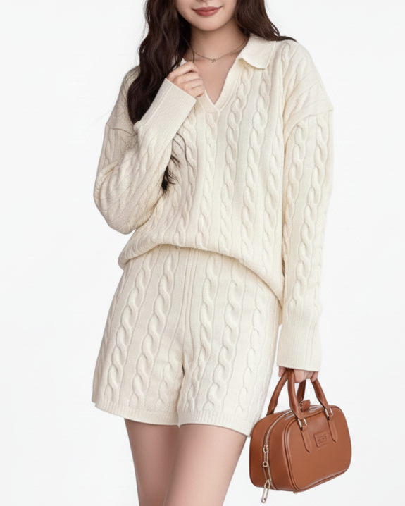 ポロ襟ツイストニット×ショートパンツセットアップ Mc 208