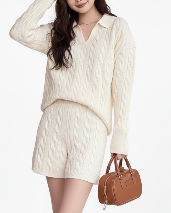 ポロ襟ツイストニット×ショートパンツセットアップ Mc 208