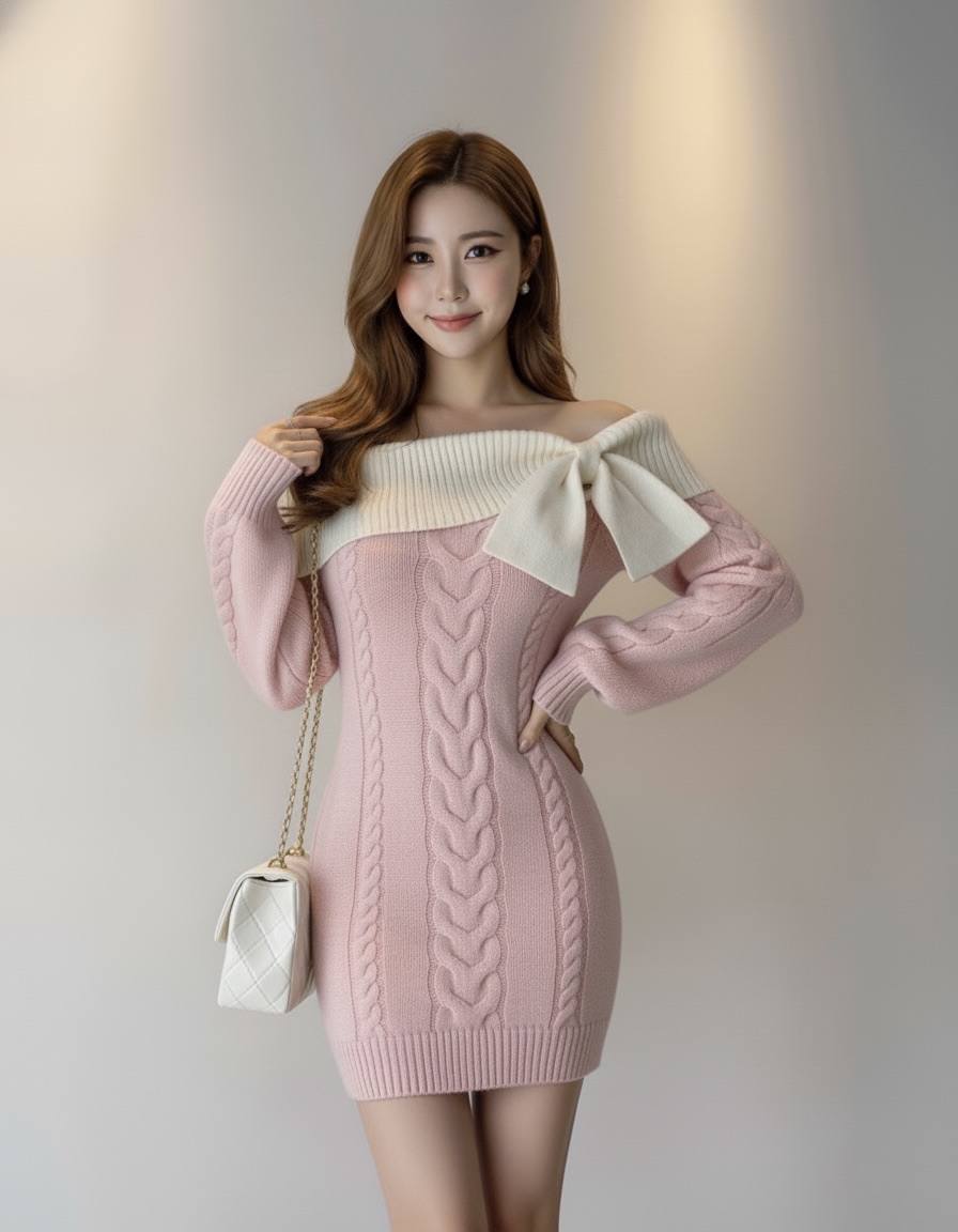 オフショルリボンケーブルニットワンピース Mc 614