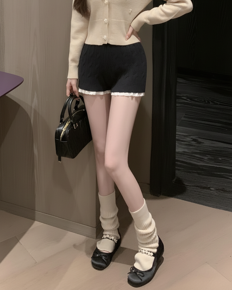 レースヘムふわもこケーブルニットショーツ Mc 624