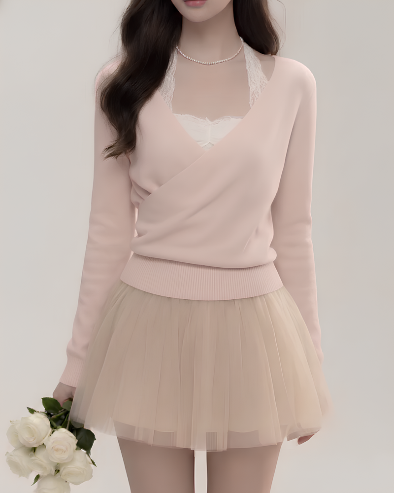 ミルクティーレースカシュクールトップス×スカート Mc758