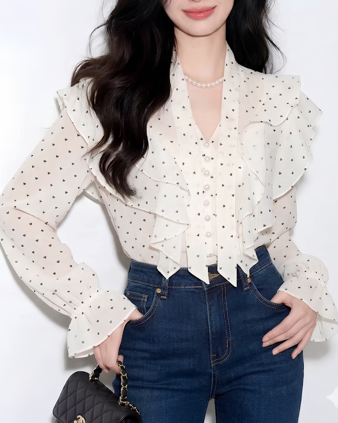 ハートドットリボンフリルブラウス Mc 806