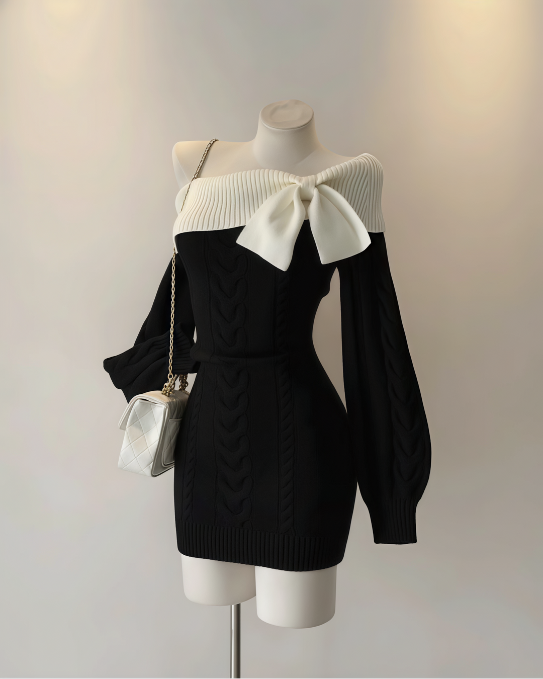 オフショルリボンケーブルニットワンピース Mc 614