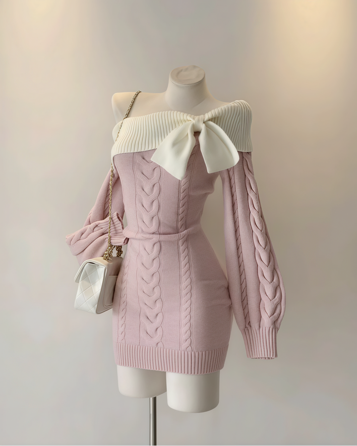 オフショルリボンケーブルニットワンピース Mc 614