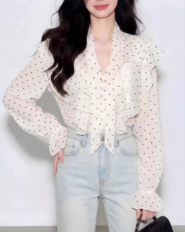 ハートドットリボンフリルブラウス Mc 806