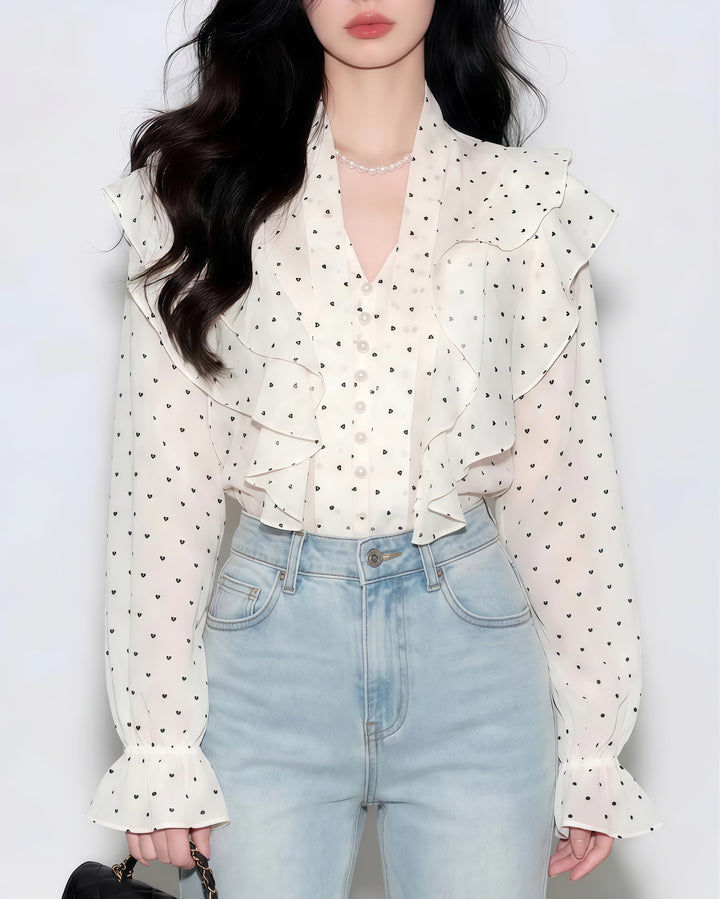 ハートドットリボンフリルブラウス Mc 806