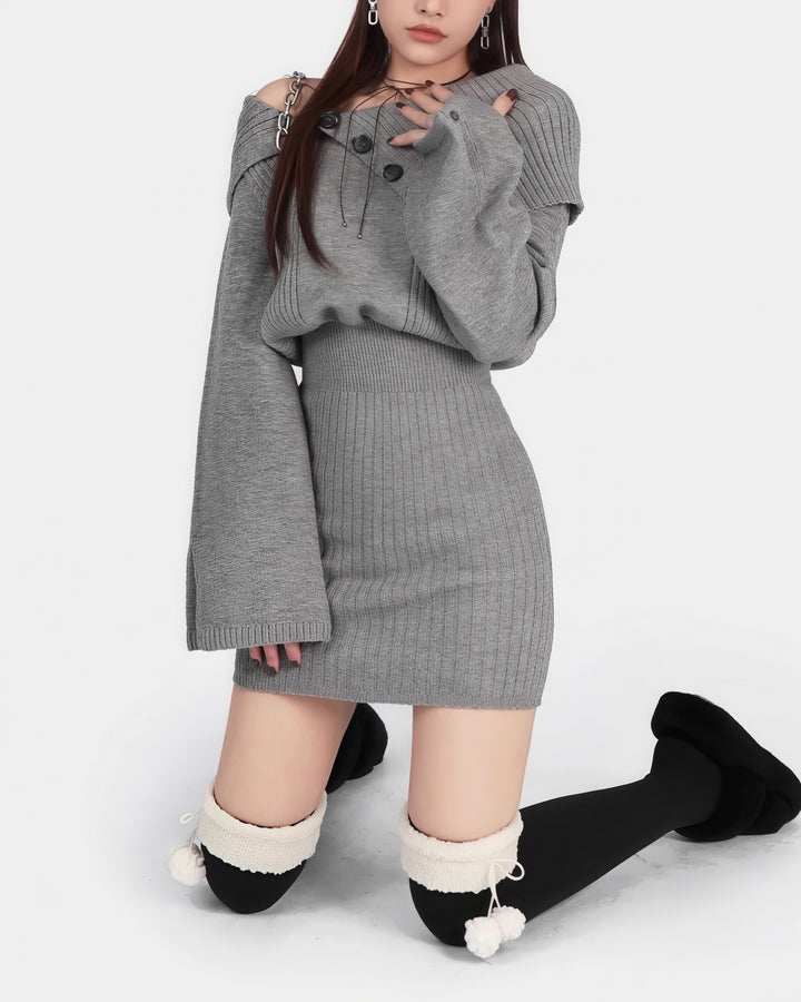 オフショルダーボタンタイトリブニットワンピース Mc 217