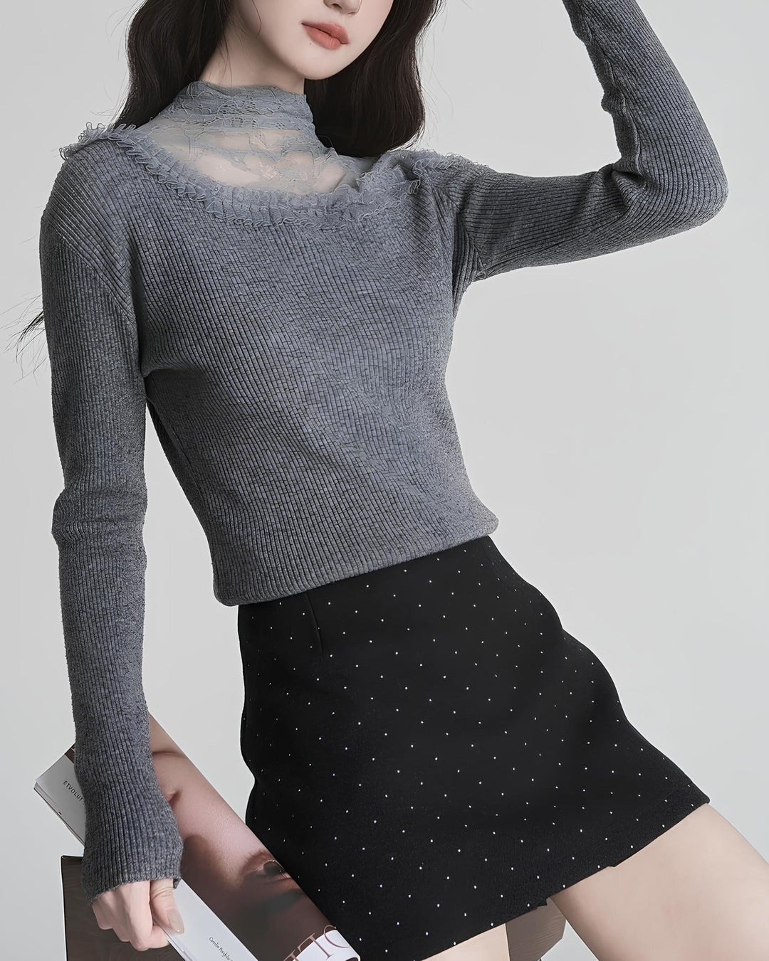 レースのレイヤード風スリムニットトップス Mc 626