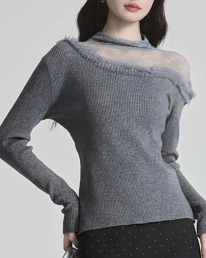 レースのレイヤード風スリムニットトップス Mc 626