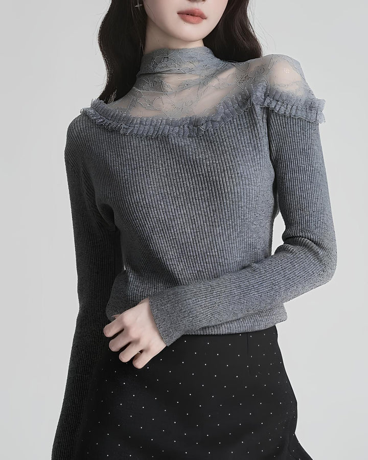 レースのレイヤード風スリムニットトップス Mc 626