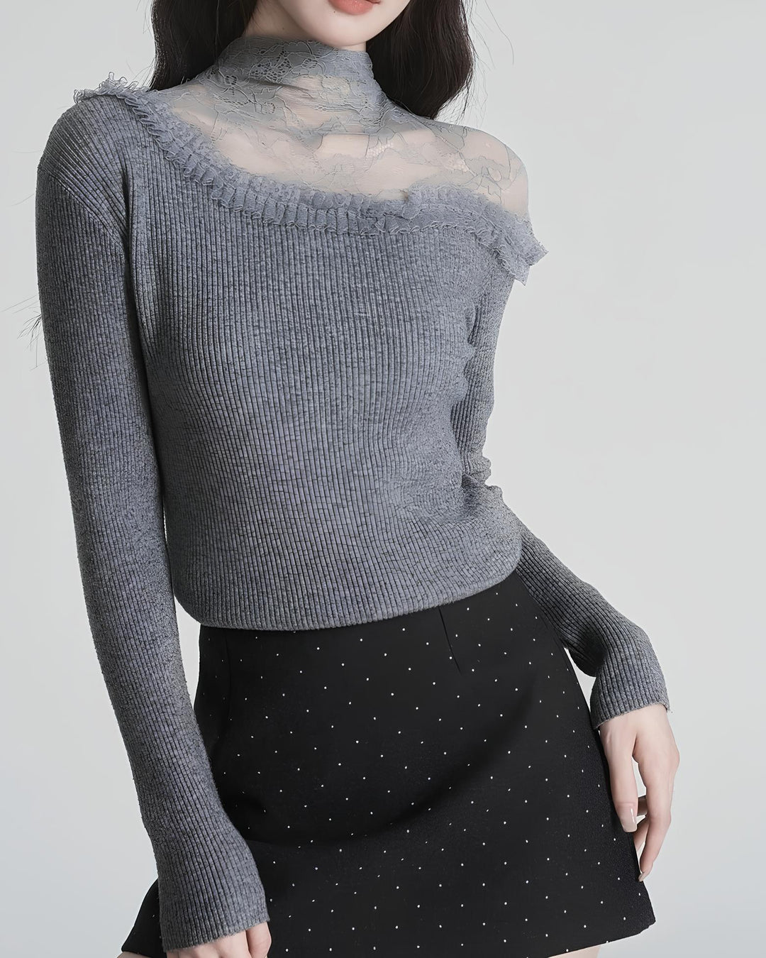 レースのレイヤード風スリムニットトップス Mc 626