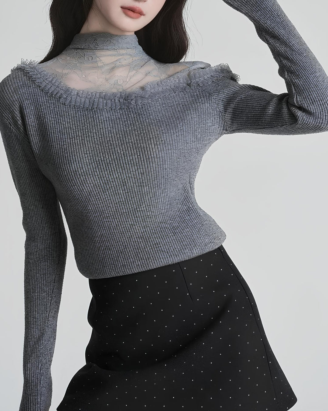 レースのレイヤード風スリムニットトップス Mc 626