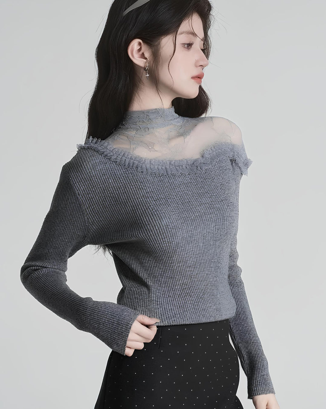 レースのレイヤード風スリムニットトップス Mc 626