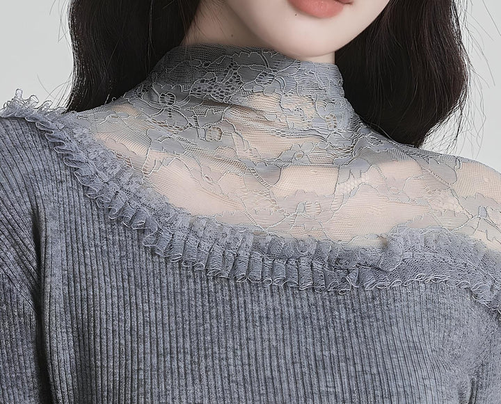 レースのレイヤード風スリムニットトップス Mc 626