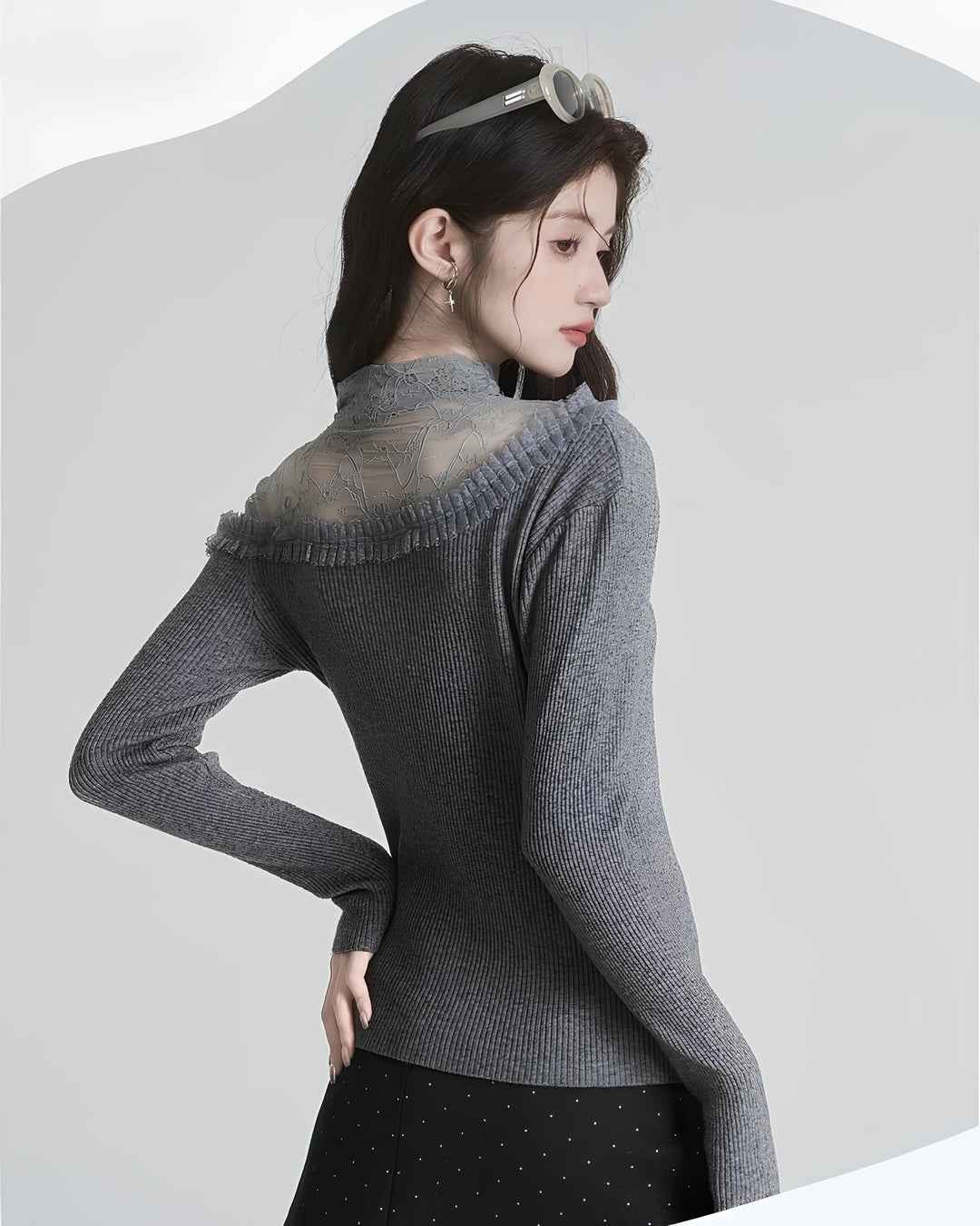 レースのレイヤード風スリムニットトップス Mc 626